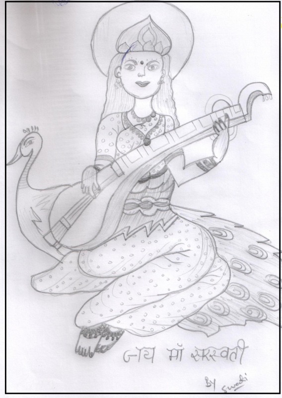 Pencil Sketch Of Goddess Saraswati