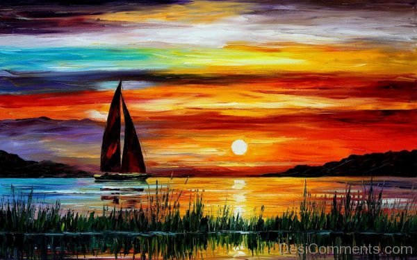 Painting Sunset Sea Boat