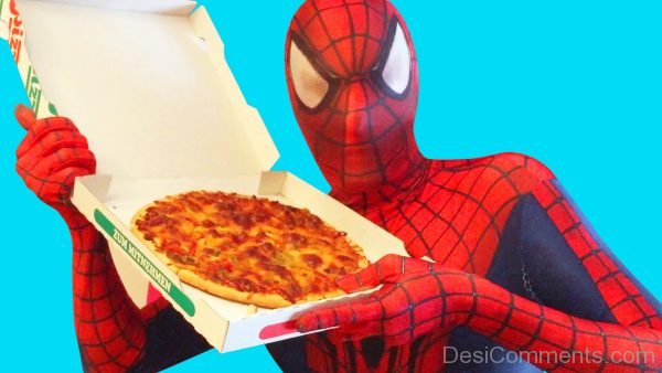 Spiderman Holding Pizza