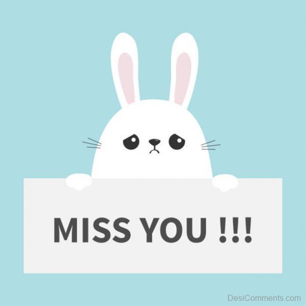 White sad bunny rabbit hanging on paper board Miss you. Funny head face. Big ears. Cute cartoon character. Kawaii animal. Easter symbol. Baby card. Pet collection. Flat design. Blue background Vector