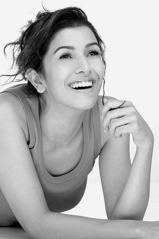 Black And White Photo Of  Nimrat Kaur Smiling