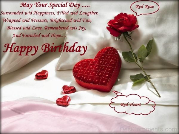 Happy Birthday With Red Rose And Red Heart