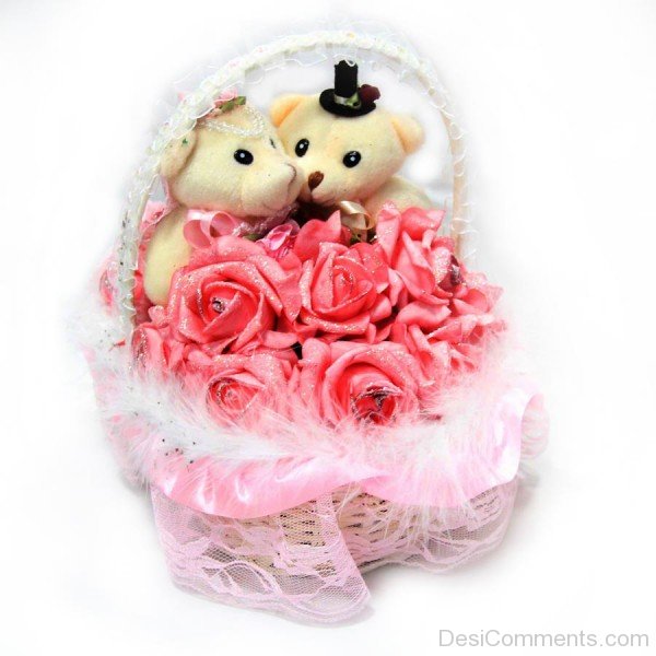 Love Teddy Bear Couple With Flower Basket