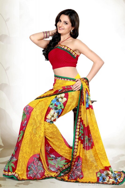 Monica Bedi In Yellow Georgette Printed Saree