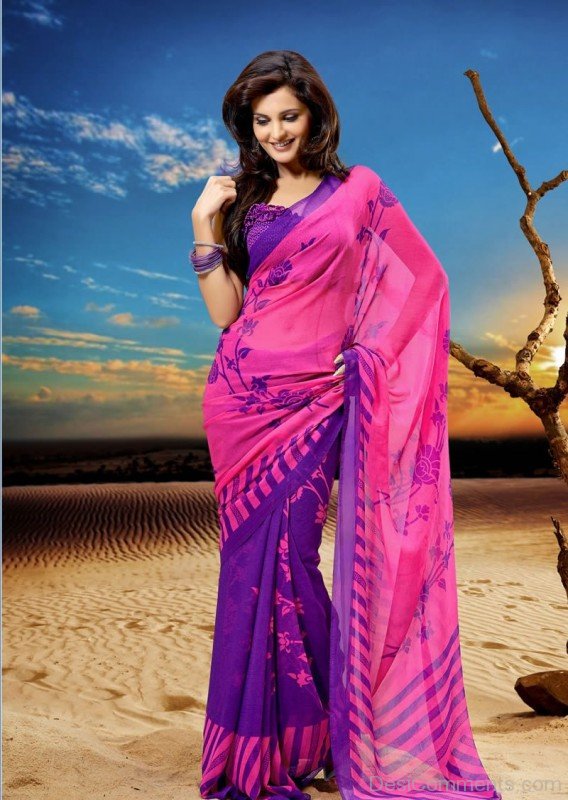 Monica Bedi Wearing Pink Chiffon Georgette Printed Saree