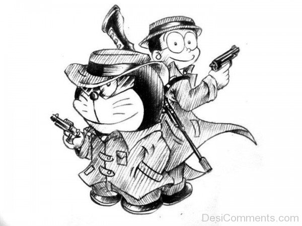 Pencil Sketch Of Nobota With Doraemon