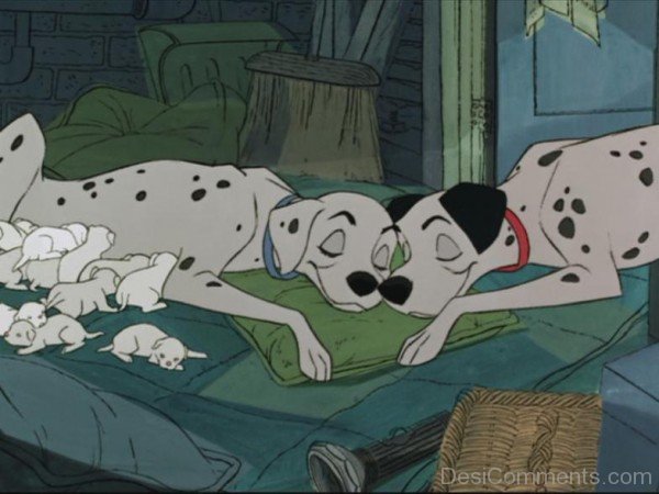 Pongo and Perdita Sleeping With Puppies