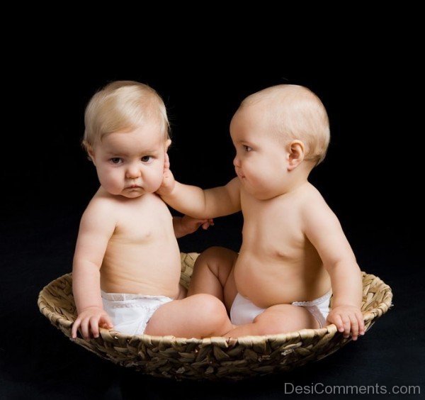 Twin Babies Sitting In Basket